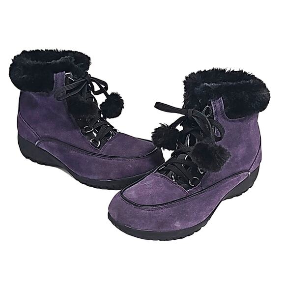 Sporto Shoes - Sporto Womens Purple Leather Upper Black Faux Fur Pom Pom Lace Up Boots Size 8